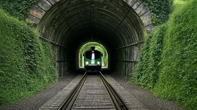 A train glides smoothly through a tunnel enveloped in rich ivy, creating a serene atmosphere as it cuts through the lush greenery. Nature vividly contrasts with the train's passage.