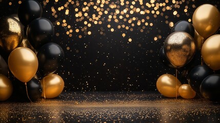 Naklejka premium Elegant black and gold balloon celebration backdrop with sparkling glitter for parties and events