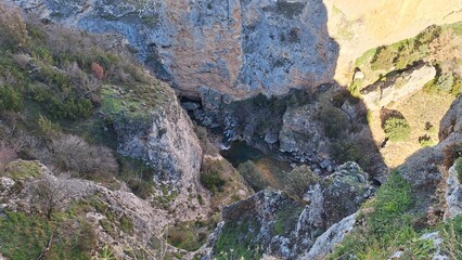 The Ventano del Diablo viewpoint overlooking the Júcar River gorges in the mountains of Cuenca, Castilla-La Mancha, Spain, offering breathtaking natural scenery.