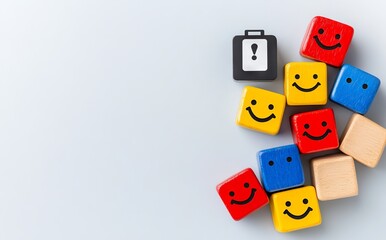 Happiness and mental well-being are represented by an emotional face symbol on stacked wooden blocks with battery icons ranging from full to empty. This symbolizes life satisfaction levels and