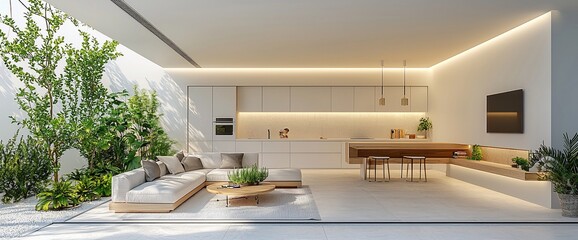 Modern minimalist living space with kitchen, indoor plants, and sectional sofa.