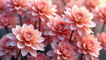Obraz premium Peach-colored dahlia flowers blooming in soft sunlight