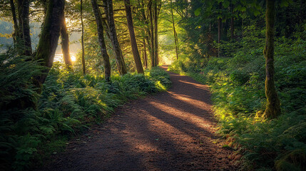 Fototapeta premium A scenic forest trail surrounded by lush green trees and vibrant spring foliage, with soft sunlight filtering through the leaves