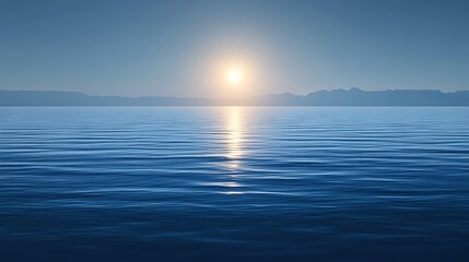 Obraz premium Serene Sunset Over Calm Ocean Mountains Distant