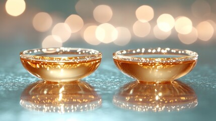 Two contact lenses in cases, glistening with light, on a reflective surface against a blurred background of bokeh lights.