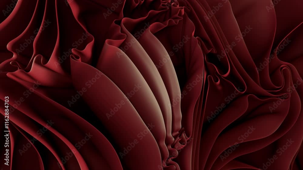 Poster smooth, undulating folds of red fabric create an abstract pattern, illuminated by soft light that ac