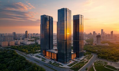 Fototapeta premium Aerial view of reflective skyscraper buildings. Business office center in the big city, high rise building covered in glass window. Generative AI