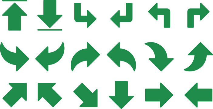 Green Arrows set icons. Arrow icon. Arrow vector collection. Doddle arrow set, collection of arrows. Collection different arrows sign. Black vector arrows icons