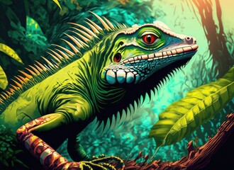 An Iguana in the forest, pop art style