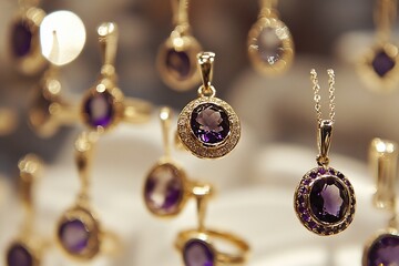 Close-up of numerous amethyst pendants and rings displayed on a blurred background.