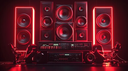 Fototapeta premium Red-lit stereo system with speakers and mixer.