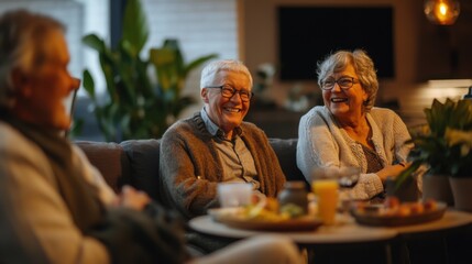 Happy Senior Couple Enjoying Retirement with Friends, Snacks, and Laughter