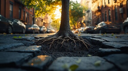 Obraz premium Tree Roots Breaking Through City Pavement