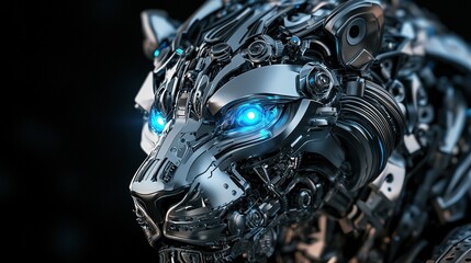 Fototapeta premium Robotic metallic leopard with glowing blue eyes, dark background.