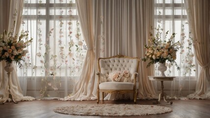 Living room interior with vintage furniture and floral wreath on the wall