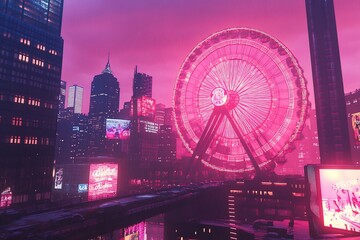 Fototapeta premium Pink-lit Ferris wheel at night in a futuristic city.