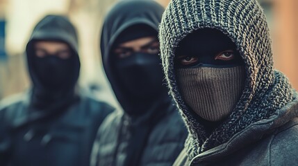 Group of criminals wearing balaclavas planning illegal activity
