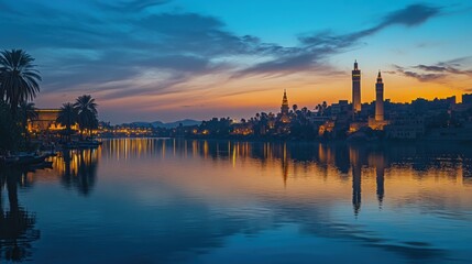 Serene Sunset Reflection Nile River, Aswan, Egypt Cityscape