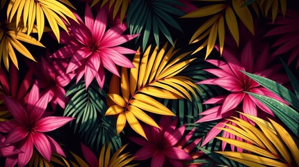 Vibrant Tropical Palm Leaves Pattern with Bold Colors and Dynamic Light Effects, Exotic Summer Design Background