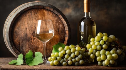 Obraz premium White wine, grapes, and wooden barrel.