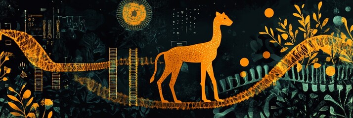 Golden giraffe walking on a DNA-like path amidst dark foliage and ladders.