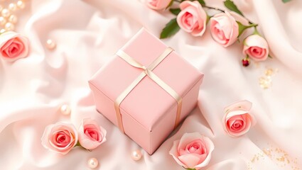 A diamond-shaped gift box in blush pink with a velvet texture, placed on a soft cloud-like white fabric - Generative AI