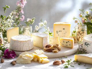 An artistic arrangement of artisanal cheeses with edible flowers, perfect for upscale dining and gourmet publications.