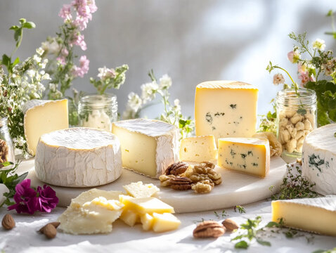 An artistic arrangement of artisanal cheeses with edible flowers, perfect for upscale dining and gourmet publications.
