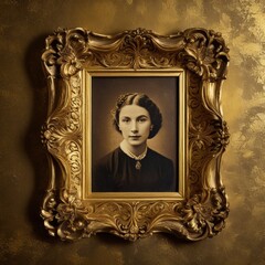 Elegant portrait of a royal  in a vintage golden frame with intricate details, set against a...