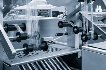 Fragment of the conveyor of the pharmaceutical labeling machine. Abstract industrial background.