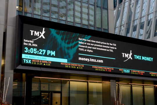 digital marquee sign outside TMX Group, a financial institution, located at 100 Adelaide St W, Floor 1, Richmond-Adelaide Centre in Toronto, Canada