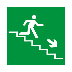 Green sign evacuation exit down steps. Designations location emergency evacuation exit. Quick and safe exit from a building or facility in case emergency. Direction a safe area. Iso 7010. Fire exit.