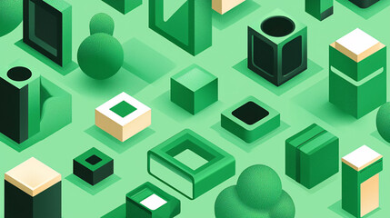 A vibrant, abstract arrangement of geometric shapes and green elements, creating a modern, artistic landscape.