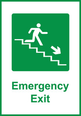 Green sign evacuation exit down steps. Designations location emergency evacuation exit. Quick and safe exit from a building or facility in case emergency. Direction a safe area. Iso 7010. Fire exit.