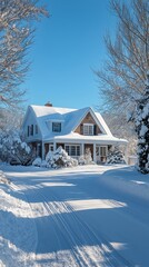 Charming house in snowy suburban scene for winter residential design inspiration
