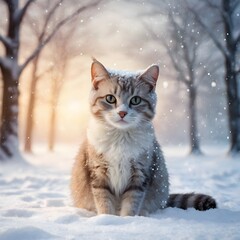 Serene and adorable cat sitting or standing in a snowy winter wonderland, surrounded by gently falling snowflakes, with a soft warm light casting a gentle glow on the snow