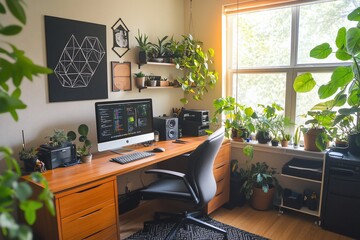 Sunlit home office with wooden desk, computer, plants, and window.