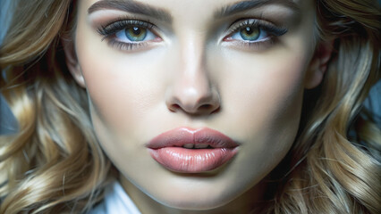 Fototapeta premium A close-up view of a woman's face, emphasizing the delicate features and flawless complexion.Intriguing eyes, a soft smile, and a hint of mystery.A woman's face, a canvas of artistry, showcasing the p