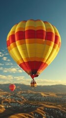 Obraz premium Colorful yellow red hot air balloon floating over mountain landscape at sunset, adventure travel, sky festival, scenic view, outdoor activity, bright blue sky, summer vacation, aerial perspective, pe