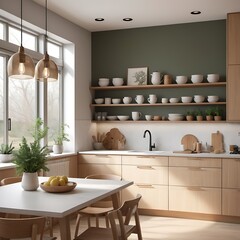 a Scandinavian-inspired kitchen with light wood cabinetry, white countertops, open shelving, and minimalist pendant lighting.