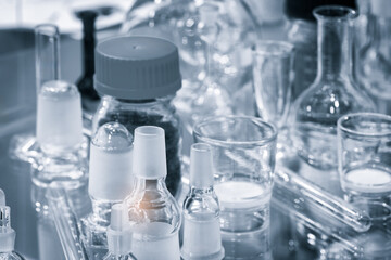 Glass laboratory chemical test tubes with liquid for analytical , medical, pharmaceutical and scientific research concept.