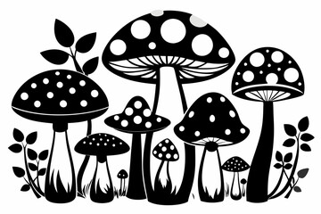 Mushroom Silhouette Set: Caps, Stems, Clusters, Toadstools, Wild & Forest Mushrooms, Spores & Leaves – Black and White Stock Vector Illustration