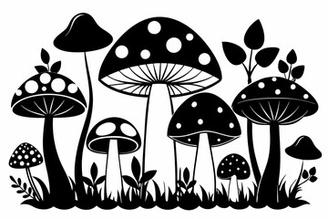 Mushroom Silhouette Set: Caps, Stems, Clusters, Toadstools, Wild & Forest Mushrooms, Spores & Leaves – Black and White Stock Vector Illustration