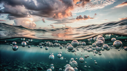 A symphony of silver bubbles ascends, mirroring the vibrant hues of the sky above.Sunlight paints the ocean's depths, illuminating a mesmerizing display of rising bubbles.