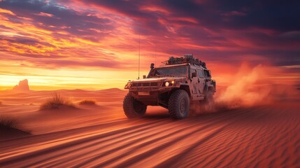 A military vehicle navigating a sandy landscape at sunset.