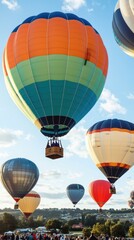 Colorful hot air balloons ascending with clear blue sky background, perfect for travel, adventure, festival, outdoor, summer, scenic, vacation themes and inspirational concepts in vibrant daylight