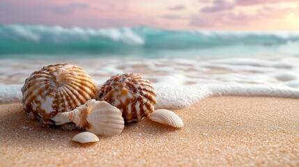 Stunning seashells on sandy beach at sunrise with gentle ocean waves, coastal scenery, tropical getaway, perfect vacation, soothing nature wallpaper background