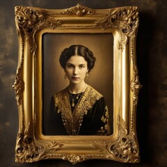 Elegant portrait of a royal  in a vintage golden frame with intricate details, set against a...