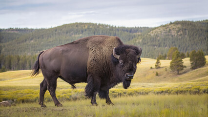 Majestic bison grazes in a golden meadow, the backdrop of rolling hills and distant forests a serene canvas.A powerful bison, a testament to the untamed beauty of the wild, stands tall against a backd