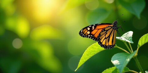 Naklejka premium A monarch butterfly rests on a leaf of a tree with sunlight filtering through, tree branch, monarch butterfly, tree